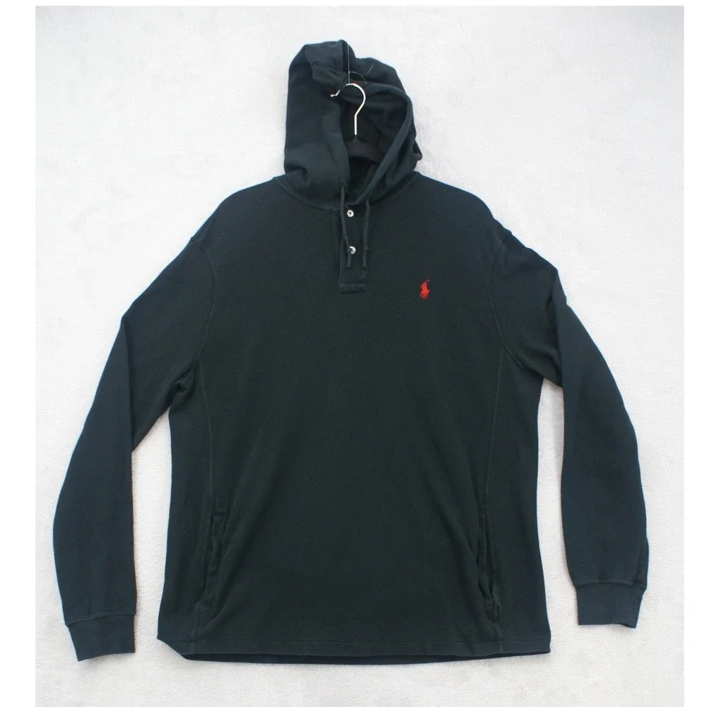Polo Ralph Lauren Mens Large Black Hooded Rugby Shirt Red Pony 100% Cotton